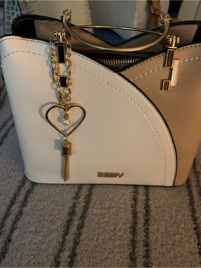 ZZMY Two-Tone White & Tan Mini Handbag with Gold Heart Charm . Vegan leather